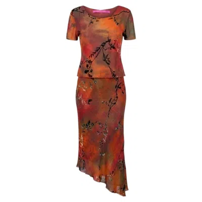 Pre-owned Emanuel Ungaro Paris Fall/winter 2001 Terracotta Floral Velvet Insert Silk Set In Brown