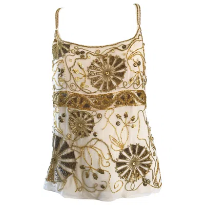 Pre-owned Emanuel Ungaro Plus Size Vintage  1990s Beige + Gold Silk Chiffon 90s Beaded Top In Brown