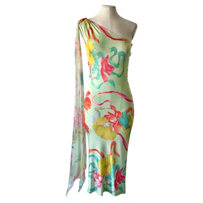 Pre-owned Emanuel Ungaro Spring Summer 2004 One Shoulder Floral Midi Dress In Brown