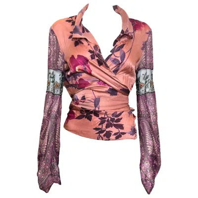 Pre-owned Emanuel Ungaro S/s 2004 Peach Floral & Paisley Print Beaded Lace-panel Wrap Blouse In Pink
