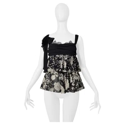 Pre-owned Emanuel Ungaro Ungaro Black Floral Print Camisole Top With Lace