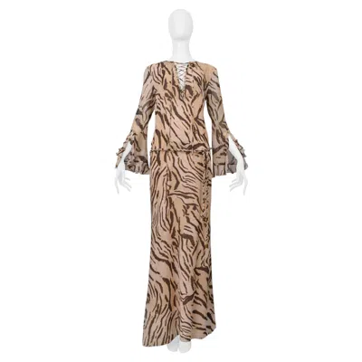 Pre-owned Emanuel Ungaro Ungaro By Giambattista Valli Silk Animal Print Caftan Dress With Ruffles In Brown