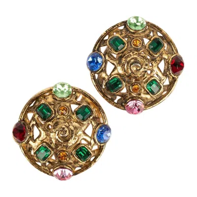 Pre-owned Emanuel Ungaro Ungaro Earrings In Golden Metal And Multicolored Rhinestones
