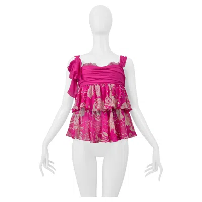 Pre-owned Emanuel Ungaro Ungaro Hot Pink Floral Print Camisole Top With Lace