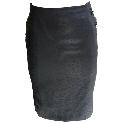 Pre-owned Emanuel Ungaro Ungaro Ostrich Print Black Ruched Sides Skirt, 1990s