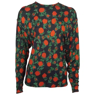 Pre-owned Emanuel Ungaro Ungaro Vintage Black And Red Floral Cotton Jersey Top - 6 - Circa 80's