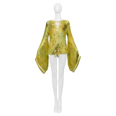 Pre-owned Emanuel Ungaro Ungaro Yellow And Green Embroidered Bead Silk Blouse Top