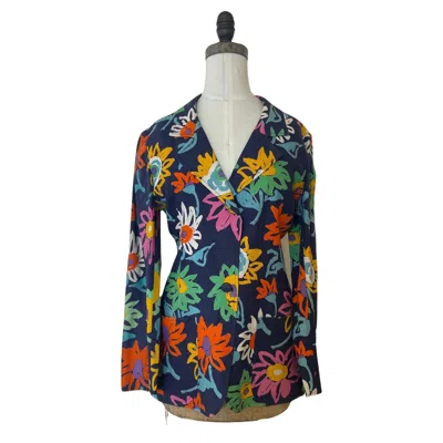 Pre-owned Emanuel Ungaro Vintage 1990s Navy Blue Flower Print Blazer, Size 38