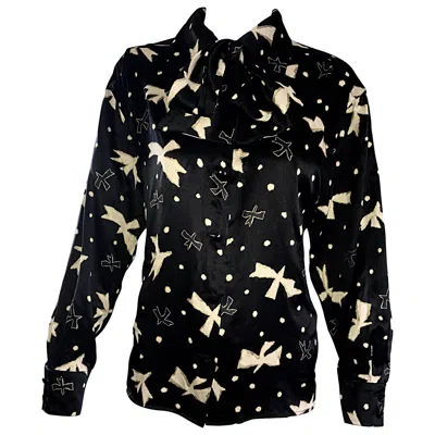 Pre-owned Emanuel Ungaro Vintage Black And White 1990s Bird Print Pussycat Bow Silk Blouse
