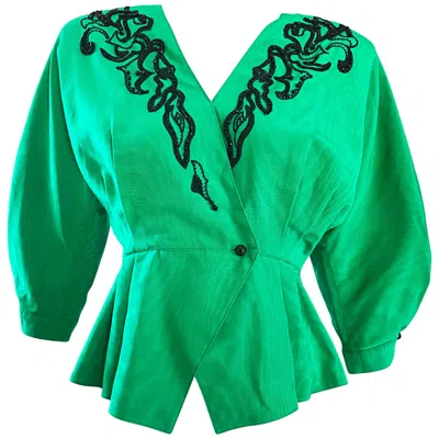 Pre-owned Emanuel Ungaro Vintage  80s Kelly Green Black Gorgeous Beaded Silk Moire Jacket