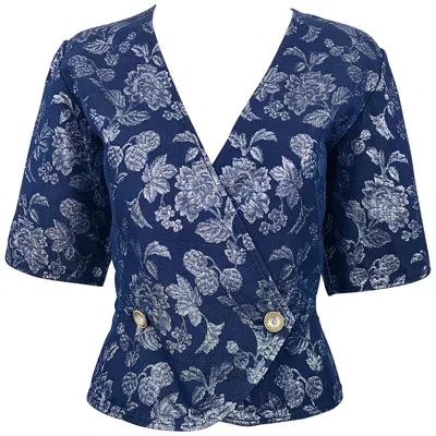 Pre-owned Emanuel Ungaro Vintage  Blue + Silver Double Breasted Short Sleeve Blouse Jacket