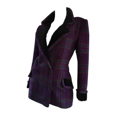 Pre-owned Emanuel Ungaro Vintage  Purple Green Fuchsia Plaid Wool Velvet Jacket Blazer