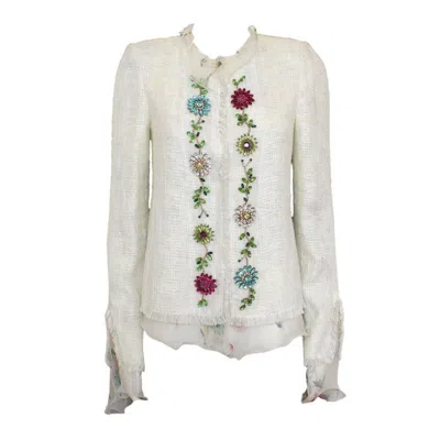 Pre-owned Emanuel Ungaro Women's Floral Print Jacket, Cotton-linen Blend Fr 38 / It42 In Gray