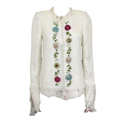 Pre-owned Emanuel Ungaro Women's Floral Print Jacket, Cotton-linen Blend In Gray