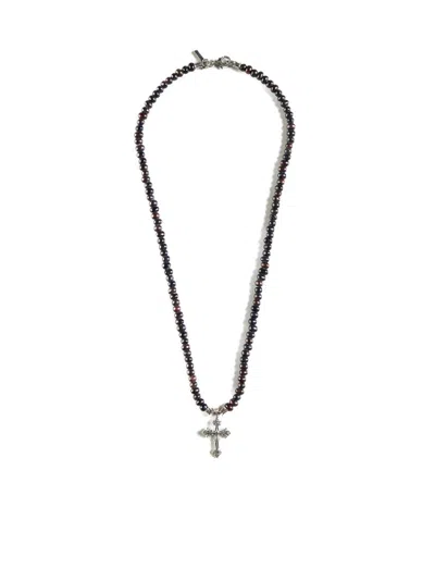 Emanuele Bicocchi Avelli Cross Pendant Pearl Necklace In Black