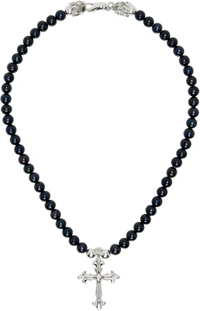 Emanuele Bicocchi Black & Silver Pearl Cross Necklace