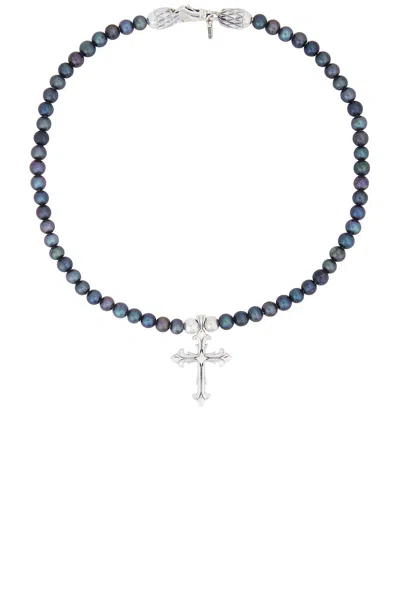 Emanuele Bicocchi Black Pearl Necklace With Cross In Black & Silver