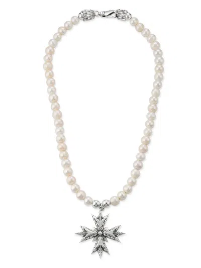 Emanuele Bicocchi Eb Crest Pearl Necklace In Beige/silver