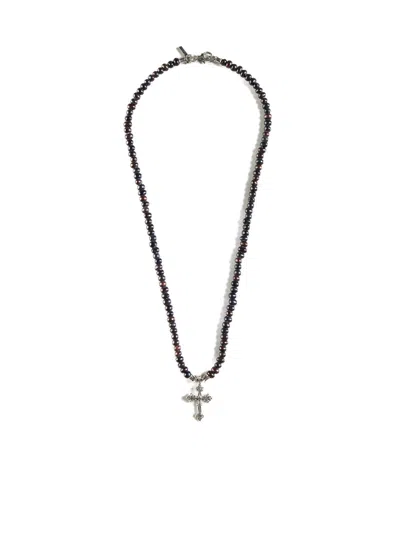 Emanuele Bicocchi Ssense Exclusive Black Pearl Cross Necklace In Silver