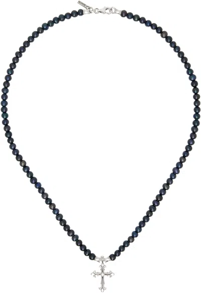 Emanuele Bicocchi Ssense Exclusive Black & Silver Pearl Cross Necklace