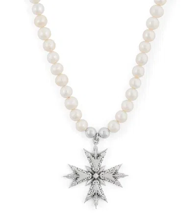 Emanuele Bicocchi Sterling Silver Freshwater Pearl Cross Necklace