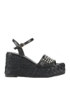 Emanuélle Vee Woman Sandals Black Size 8 Leather, Natural Raffia In Black