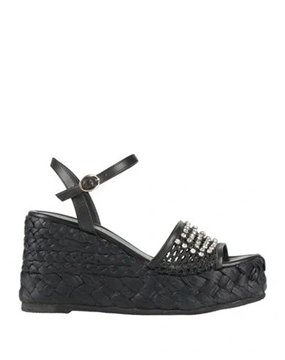 Emanuélle Vee Woman Sandals Black Size 8 Leather, Natural Raffia