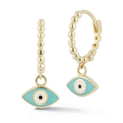 Ember Fine Jewelry 14k Gold Enamel Evil Eye Beaded Charm Huggies In Green