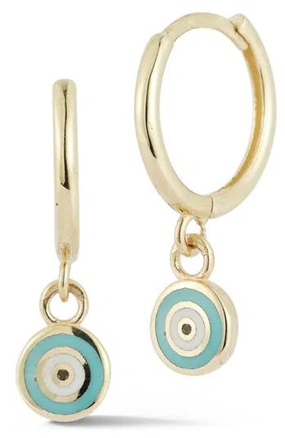 Ember Fine Jewelry 14k Gold Round Enamel Evil Eye Charm Huggies In Green
