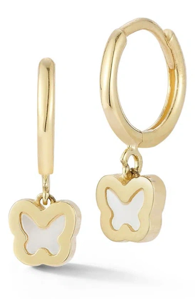 Ember Fine Jewelry Mother Of Pearl Butterfly Charm Huggie Hoop Earrings In 14k Gold