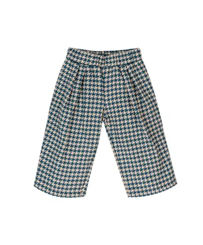 Emc Kids' Girl's Wide Leg Flannel Houndstooth Trouser Pants In Tan/teal In Multi