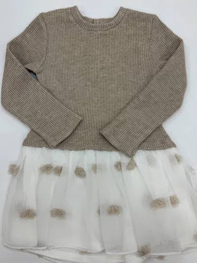 Emc Kid's Waffle Knit Tulle Dots Dress In Soft Beige In Brown