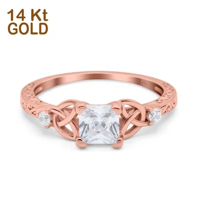 Pre-owned Emerald 14k Rose Gold Cushion Celtic Art Deco Engagement Ring Simulated Cubic Zirconia In Pink