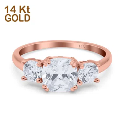 Pre-owned Emerald 14k Rose Gold Cushion Three Stone Wedding Engagement Ring Simulated Cz In Pink