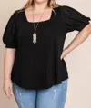 Emerald Collection Eyelet Bubble Sleeves Solid Knit Top In Black