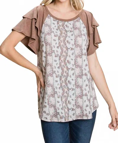 Emerald Collection Floral Paisley Tiered Sleeves Top In Brown