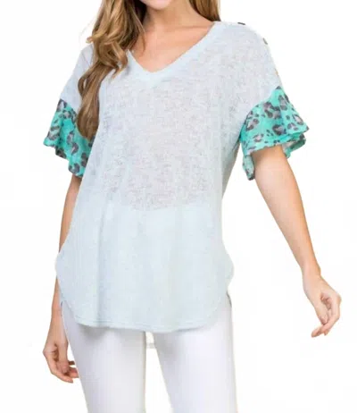 Emerald Collection Lace Button Trim V Neck Top In Mint In White
