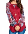 Emerald Collection Patchwork Balloon Sleeve Raglan Top In Red In Red