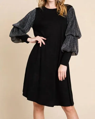 Emerald Collection Puff Sleeves Midi Dress In Black
