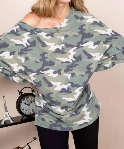 Emerald Collection Slouchy One Shoulder Dolman Top In Soft Camou In Green