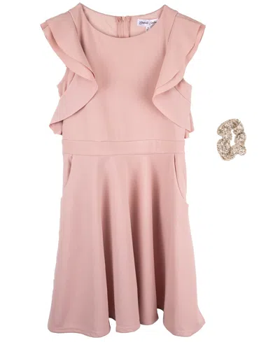 Emerald Sundae Big Girls 2 Piece Flutter Sleeve Dress With Pockets And Sequin Srunchie Set In Pink