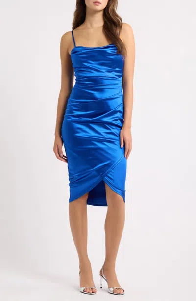 Emerald Sundae Drape Cowl Neck Satin Midi Dress In Blue