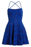 Emerald Sundae Juniors' Textured Square-neck Sleeveless Fit & Flare Dress In Royal