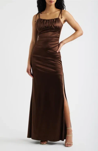 Emerald Sundae Emma Ruched Tie Strap Satin Gown In Brown