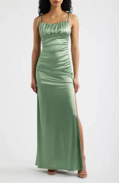 Emerald Sundae Emma Ruched Tie Strap Satin Gown In Green