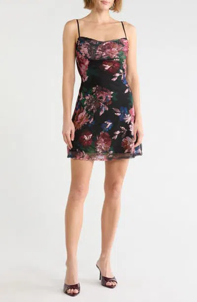 Emerald Sundae Floral Mesh Sequin Minidress In Black/ Multi