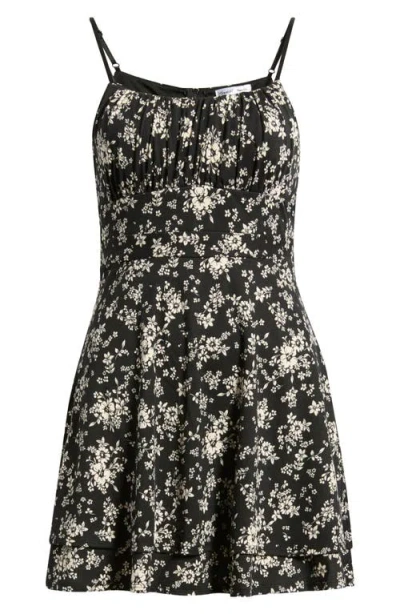 Emerald Sundae Floral Print Fit & Flare Mini Sundress In Black
