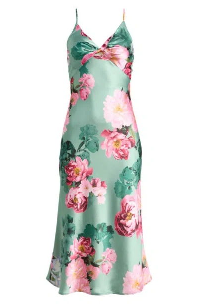 Emerald Sundae Floral Print Twist Front Satin Slipdress In Multi