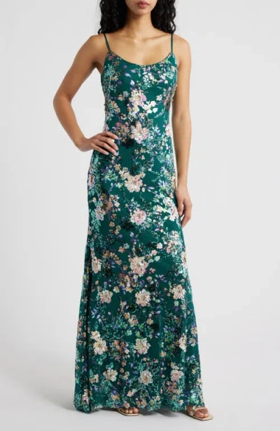 Emerald Sundae Floral Sequin Gown In Green
