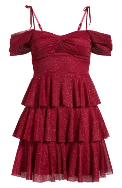 Emerald Sundae Glitter Layered Ruffle Tie Strap Minidress In Burgundy